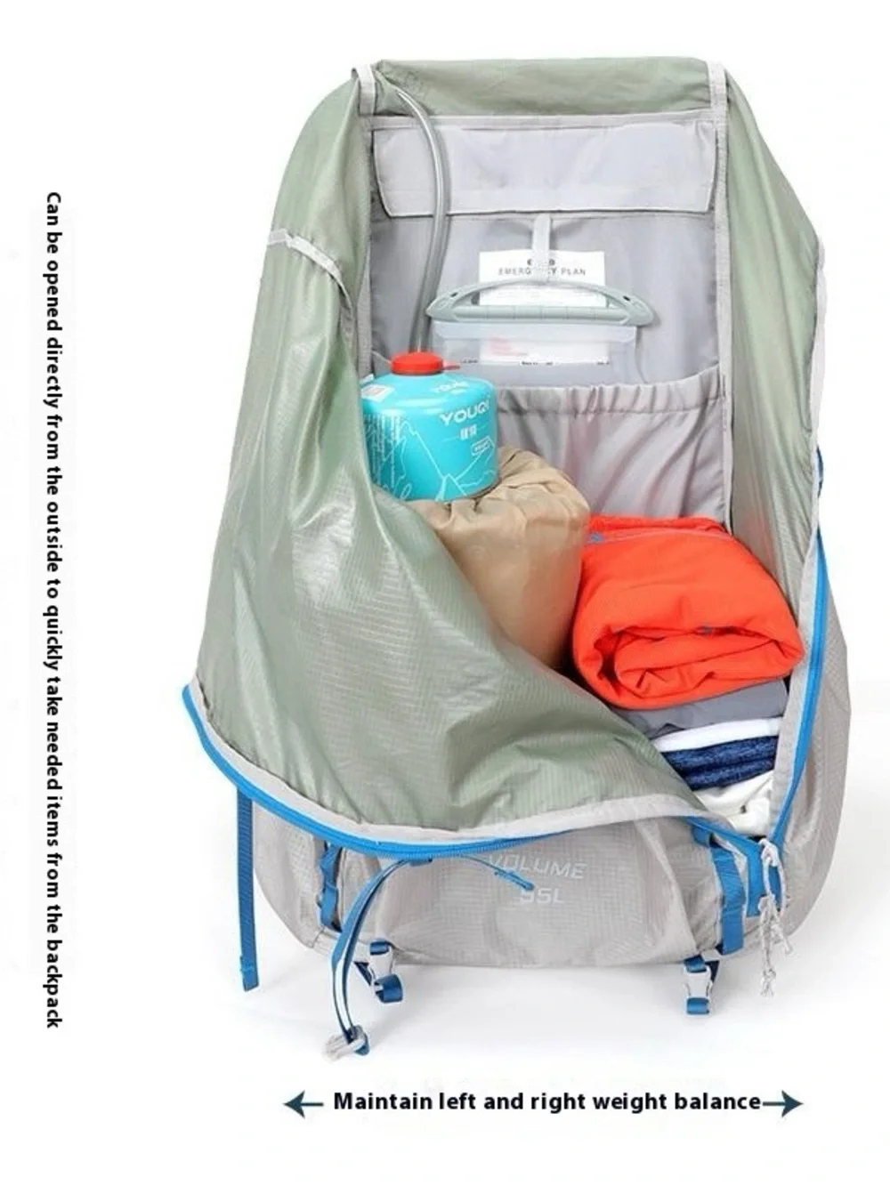 Lightweight Hiking Backpack in Light Gray with Blue Accents